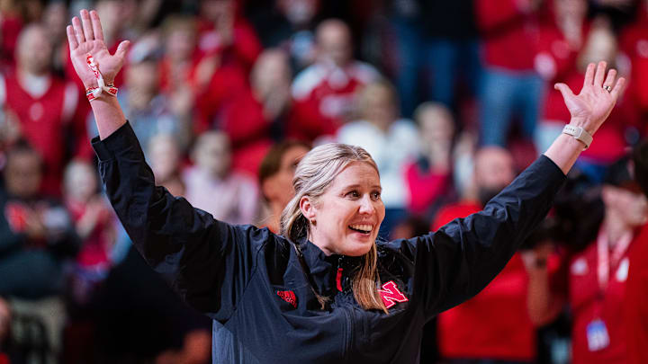 Nebraska Cornhuskers volleyball head coach Dani Busboom Kelly is introduced during a break in the first half against the Illinois Fighting Illini at Pinnacle Bank Arena.