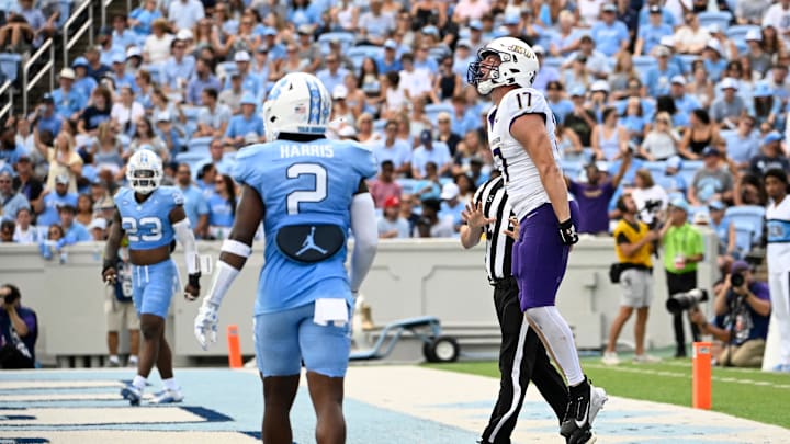 Sep 21, 2024; Chapel Hill, North Carolina, USA; James Madison Dukes tight end Taylor Thompson (17) reacts after catching a touchdown pass in the second quarter at Kenan Memorial Stadium. Mandatory Credit: Bob Donnan-Imagn Images