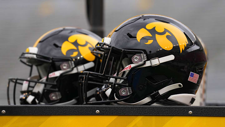 Oct 14, 2023; Madison, Wisconsin, USA;  General view of Iowa Hawkeyes helmets prior to the game against the Wisconsin Badgers at Camp Randall Stadium. Mandatory Credit: Jeff Hanisch-Imagn Images