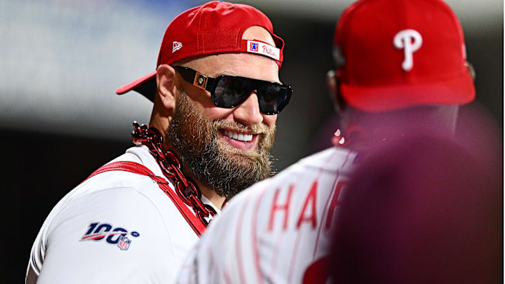 Philadelphia Eagles player Lane Johnson watches during the fifth inning in game six of the NLCS for the 2023 MLB playoffs between the Philadelphia Phillies and the Arizona Diamondbacks at Citizens Bank Park.