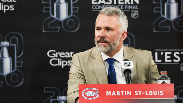 May 23, 2026; Raleigh, North Carolina, USA; Montréal Canadiens head coach Martin St. Louis speaks after the game against the Carolina Hurricanes in game two of the Eastern Conferene Final of the 2026 Stanley Cup Playoffs at Lenovo Center. Mandatory Credit: James Guillory-Imagn Images