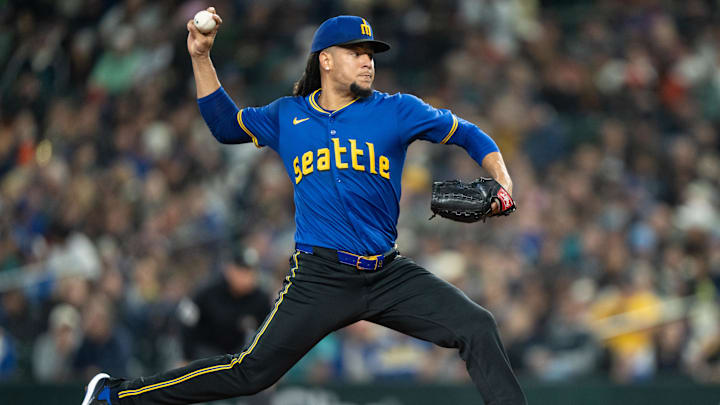 Aug 23, 2024; Seattle, Washington, USA; Seattle Mariners starter Luis Castillo (58) delivers a pitch second inning against the San Francisco Giants at T-Mobile Park.