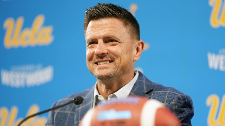 Dec 9, 2025; Los Angeles, CA, USA; Bob Chesney is introduced as UCLA Bruins football coach at press conference at Renee Luskin Conference Center Centennial Ballroom. Mandatory Credit: Kirby Lee-Imagn Images
