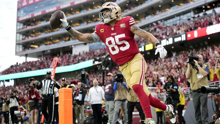 Oct 19, 2026; Santa Clara, California, USA;  San Francisco 49ers tight end George Kittle (85) celebrates after scoring a touchdown during the first quarter against the Washington Commanders at Levi's Stadium.  Mandatory Credit: Kyle Terada-Imagn Images