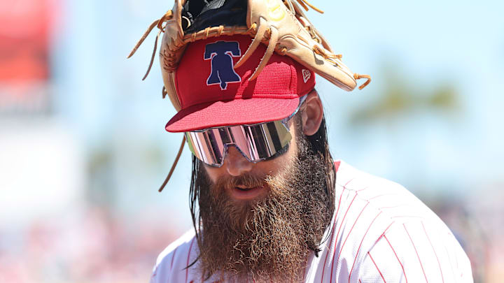Mar 19, 2025; Clearwater, Florida, USA;  Philadelphia Phillies outfielder Brandon Marsh (16) looks on against the New York Yankees before the game at BayCare Ballpark