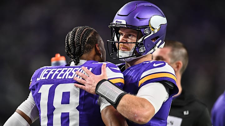 Nov 3, 2024; Minneapolis, Minnesota, USA; Minnesota Vikings quarterback Sam Darnold (14) and wide receiver Justin Jefferson (18) warm up before the game against the Indianapolis Colts at U.S. Bank Stadium. Nov 3, 2024; Minneapolis, Minnesota, USA; Minnesota Vikings quarterback Sam Darnold (14) and wide receiver Justin Jefferson (18) warm up before the game against the Indianapolis Colts at U.S. Bank Stadium.