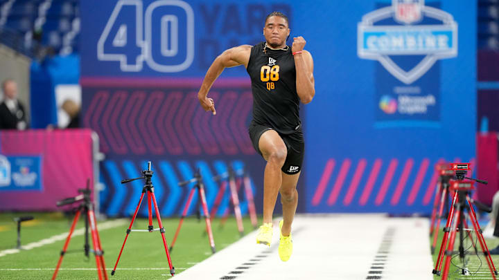 Arkansas quarterback Taylen Green (QB08) during the NFL Scouting Combine at Lucas Oil Stadium. 