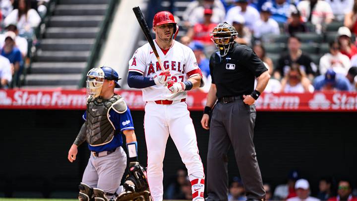 May 17, 2026; Anaheim, California, USA; Los Angeles Angels center fielder Mike Trout (27) looks on during the first inning against the Los Angeles Dodgers at Angel Stadium. Mandatory Credit: William Liang-Imagn Images May 17, 2026; Anaheim, California, USA; Los Angeles Angels center fielder Mike Trout (27) looks on during the first inning against the Los Angeles Dodgers at Angel Stadium. Mandatory Credit: William Liang-Imagn Images