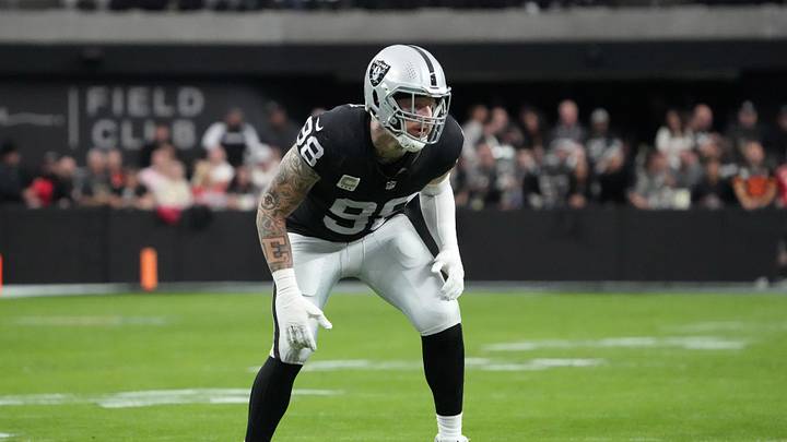 Nov 26, 2023; Paradise, Nevada, USA; Las Vegas Raiders defensive end Maxx Crosby (98) looks on in the first half against the Kansas City Chiefs at Allegiant Stadium. Mandatory Credit: Kirby Lee-USA TODAY Sports