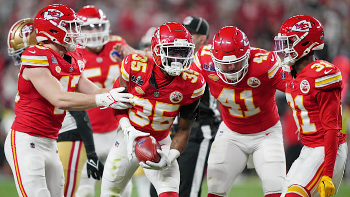 Feb 11, 2024; Paradise, Nevada, USA; Kansas City Chiefs cornerback Jaylen Watson (35) reacts after a play against the San Francisco 49ers during the fourth quarter of Super Bowl LVIII at Allegiant Stadium. Mandatory Credit: Kirby Lee-USA TODAY Sports