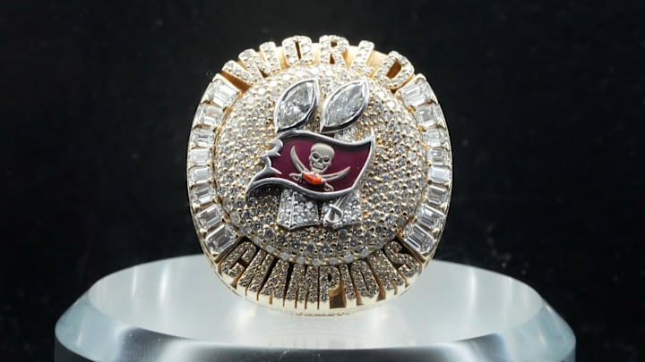 Feb 8, 2025; New Orleans, LA, USA; The Super Bowl 55 ring to commemorate the Tampa Bay Buccaneers Mandatory Credit: Kirby Lee-Imagn Images