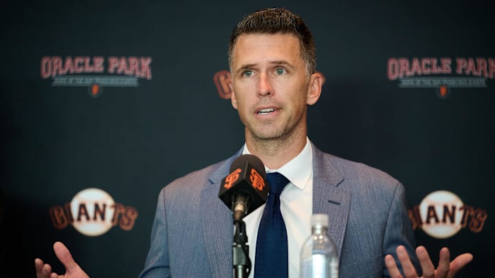 Oct 1, 2024; San Francisco, CA, USA; San Francisco Giants president of baseball operations Buster Posey addresses the media during an introductory press conference at Oracle Park.  