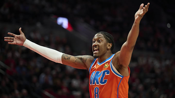 Nov 30, 2025; Portland, Oregon, USA; Oklahoma City Thunder guard Jalen Williams (8) calls for a delay of game during the second half in a game against the Portland Trail Blazers at Moda Center. Mandatory Credit: Troy Wayrynen-Imagn Images Nov 30, 2025; Portland, Oregon, USA; Oklahoma City Thunder guard Jalen Williams (8) calls for a delay of game during the second half in a game against the Portland Trail Blazers at Moda Center. Mandatory Credit: Troy Wayrynen-Imagn Images