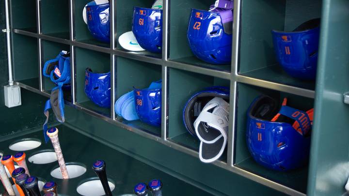 Apr 4, 2026; San Francisco, California, USA; Bats and helmets in the New York Mets dugout before the team takes on the San Francisco Giants at Oracle Park. Mandatory Credit: D. Ross Cameron-Imagn Images