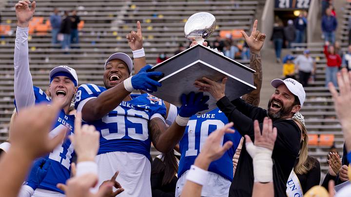Manny Diaz, head football coach at Duke, celebrates a 42-29 win with his team against Arizona State in the Tony the Tiger Sun Bowl at Sun Bowl Stadium in El Paso, Texas, on Wednesday, Dec. 31, 2025. Manny Diaz, head football coach at Duke, celebrates a 42-29 win with his team against Arizona State in the Tony the Tiger Sun Bowl at Sun Bowl Stadium in El Paso, Texas, on Wednesday, Dec. 31, 2025.