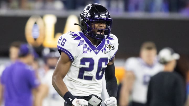 Jan 9, 2023; Inglewood, CA, USA; TCU Horned Frogs safety Bud Clark (26) reacts against the Georgia Bulldogs during the CFP national championship game at SoFi Stadium.