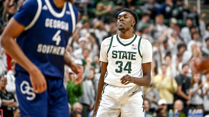 Michigan State's Xavier Booker reacts after making a 3-pointer against Georgia Southern during the