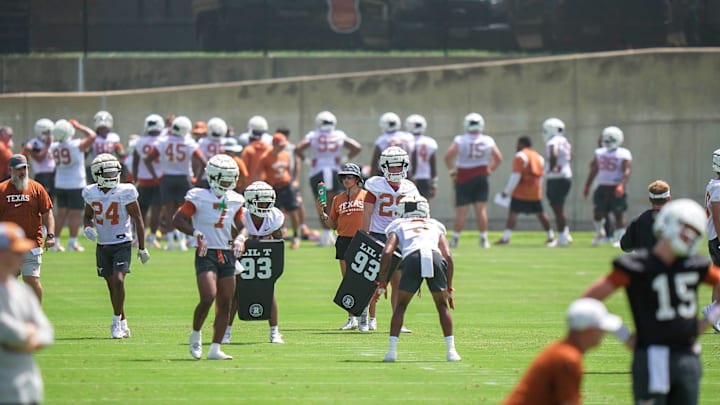 Texas Longhorns during the first fall football camp practice for the Texas Longhorns at Denius Fields on Wednesday, July 31, 2024.