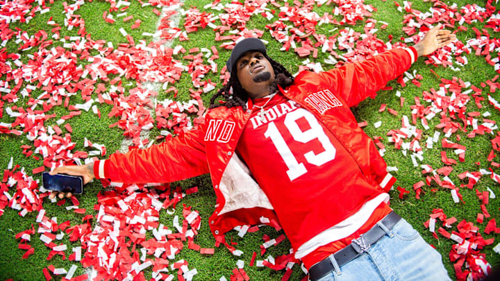 Indiana's Zachary Smith (19) celebrates after the College Football Playoff National Championship college football game at Hard Rock Stadium in Miami Gardens on Monday, Jan. 19, 2026.