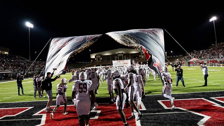 Prattville players take the field as Thompson takes on Prattville football at Thompson High School in Alabaster, Ala. on Friday, Oct. 16, 2026. Prattville leads Thompson 21-14 at halftime.