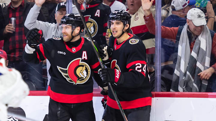 Ottawa Senators right wing Claude Giroux celebrates a goal scored by center Dylan Cozens against the Montreal Canadiens.