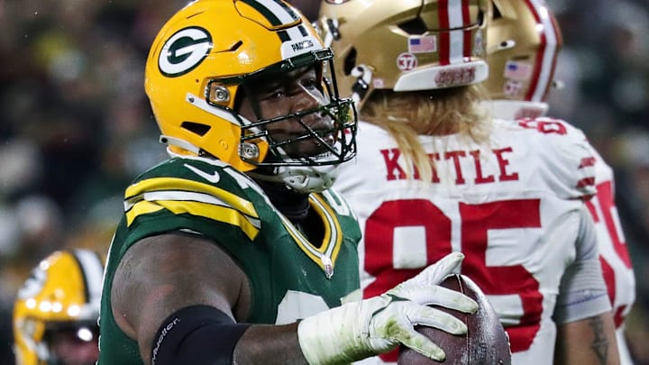 Green Bay Packers defensive tackle Kenny Clark (97) celebrates after recovering a fumble against the San Francisco 49ers. Green Bay Packers defensive tackle Kenny Clark (97) celebrates after recovering a fumble against the San Francisco 49ers.