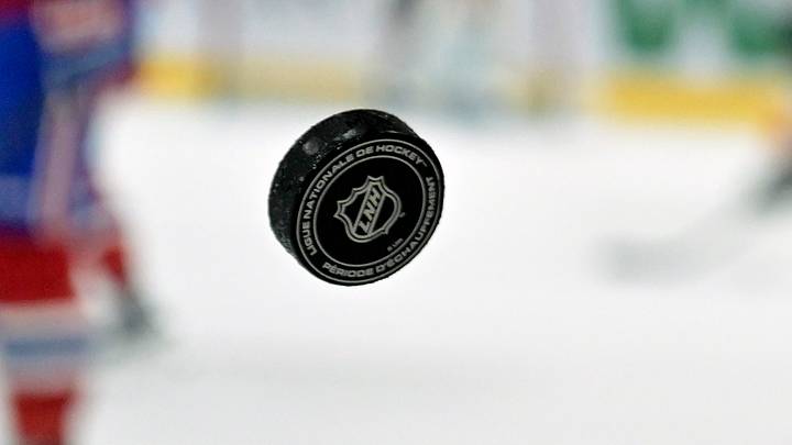 French logo on an NHL puck during the warmup period before the game between the Philadelphia Flyers and the Montreal Canadiens at the Bell Centre. Mandatory Credit: Eric Bolte-Imagn Images French logo on an NHL puck during the warmup period before the game between the Philadelphia Flyers and the Montreal Canadiens at the Bell Centre. Mandatory Credit: Eric Bolte-Imagn Images