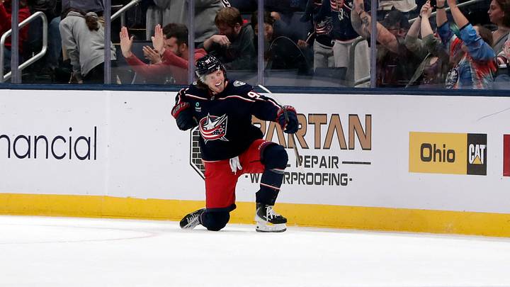 Oct 13, 2026; Columbus, Ohio, USA;  Columbus Blue Jackets Center Kent Johnson (91) celebrates his goal against the Florida Panthers during the first period at Nationwide Arena.  Mandatory Credit: Russell LaBounty-Imagn Images