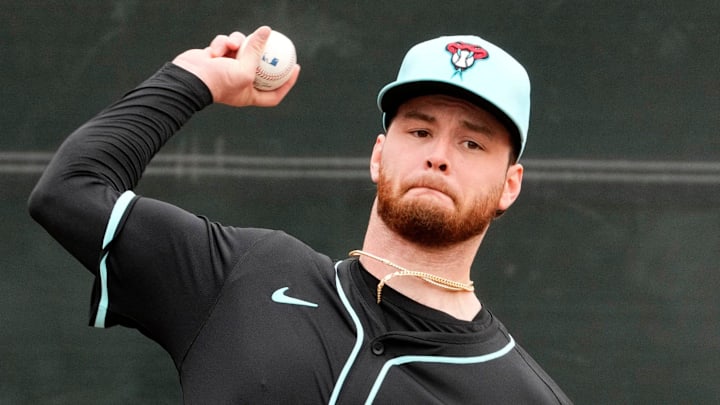 Arizona Diamondbacks pitcher Ryne Nelson during spring training practice at Salt River Fields at Talking Stick in Scottsdale on Feb. 13, 2025.