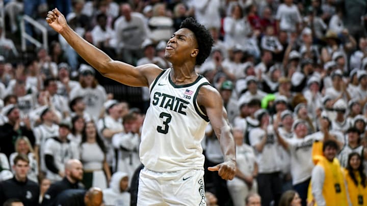 Michigan State's Cam Ward celebrates after an Arkansas foul during the second half on Saturday, Nov. 8, 2025, at the Breslin Center in East Lansing.