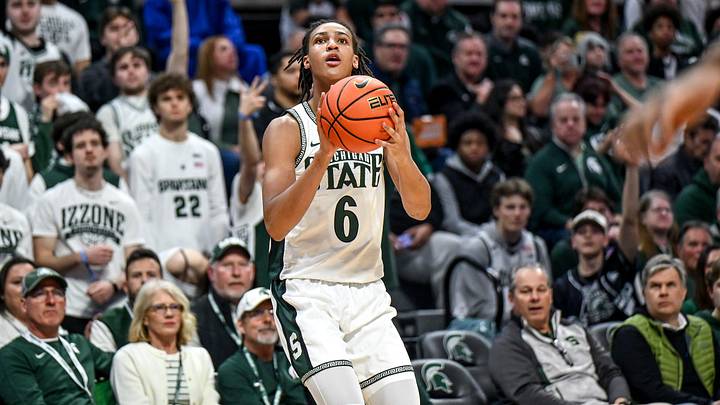 Michigan State's Jordan Scott makes a 3-pointer against UCLA during the first half on Tuesday, Feb. 17, 2026, at the Breslin Center in East Lansing.