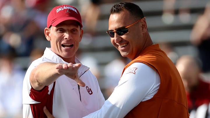 Oct 8, 2022; Dallas, Texas, USA; Oklahoma Sooners head coach Brent Venables and Texas Longhorns head coach Steve Sarkisian Oct 8, 2022; Dallas, Texas, USA; Oklahoma Sooners head coach Brent Venables and Texas Longhorns head coach Steve Sarkisian