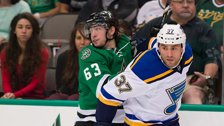 Sep 22, 2014; Dallas, TX, USA; Dallas Stars left wing Remi Elie (63) and St. Louis Blues left wing Paul Bissonnette (37) chase the puck during the game at the American Airlines Center. The Stars defeated the Blues 4-3. Mandatory Credit: Jerome Miron-Imagn Images Sep 22, 2014; Dallas, TX, USA; Dallas Stars left wing Remi Elie (63) and St. Louis Blues left wing Paul Bissonnette (37) chase the puck during the game at the American Airlines Center. The Stars defeated the Blues 4-3. Mandatory Credit: Jerome Miron-Imagn Images