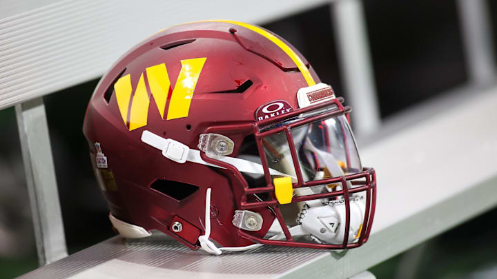 Oct 15, 2023; Atlanta, Georgia, USA; A Washington Commanders helmet on the bench against the Atlanta Falcons in the second half at Mercedes-Benz Stadium. Mandatory Credit: Brett Davis-Imagn Images