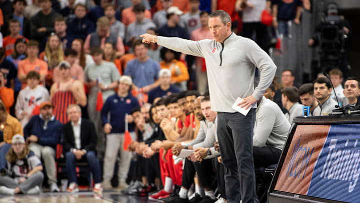 Georgia Bulldogs head coach Mike White talks with his team as Auburn Tigers take on Georgia Bulldogs at Neville Arena in Auburn, Ala., on Saturday, Feb. 22, 2025. Georgia Bulldogs head coach Mike White talks with his team as Auburn Tigers take on Georgia Bulldogs at Neville Arena in Auburn, Ala., on Saturday, Feb. 22, 2025.