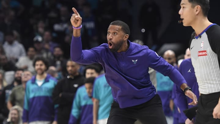 Nov 27, 2024; Charlotte, North Carolina, USA;  Charlotte Hornets head coach Charles Lee reacts during the second half against the Miami Heat at the Spectrum Center. Mandatory Credit: Sam Sharpe-Imagn Images