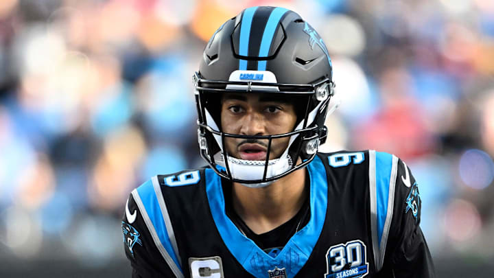Nov 24, 2024; Charlotte, North Carolina, USA;  Carolina Panthers quarterback Bryce Young (9) on the field in the third quarter at Bank of America Stadium. Mandatory Credit: Bob Donnan-Imagn Images