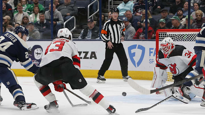 New Jersey Devils goalie Jake Allen (34). Mandatory Credit: Russell LaBounty-Imagn Images