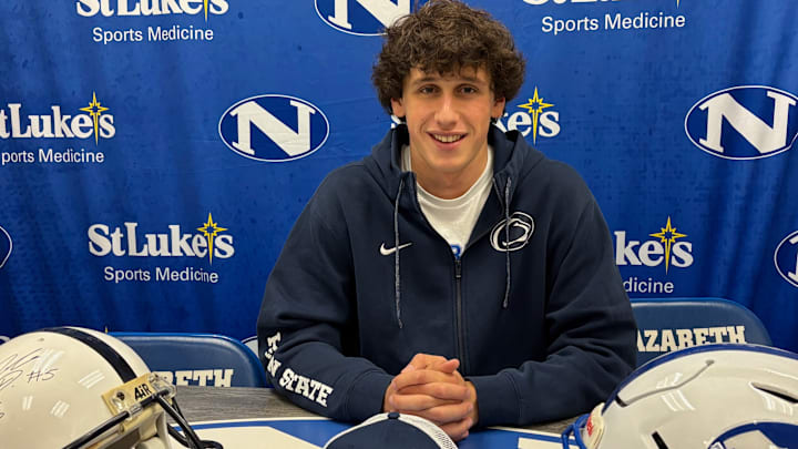 Nazareth (Pa.) High quarterback Peyton Falzone talks with reporters at his Signing Day ceremony for the Penn State Nittany Lions.
