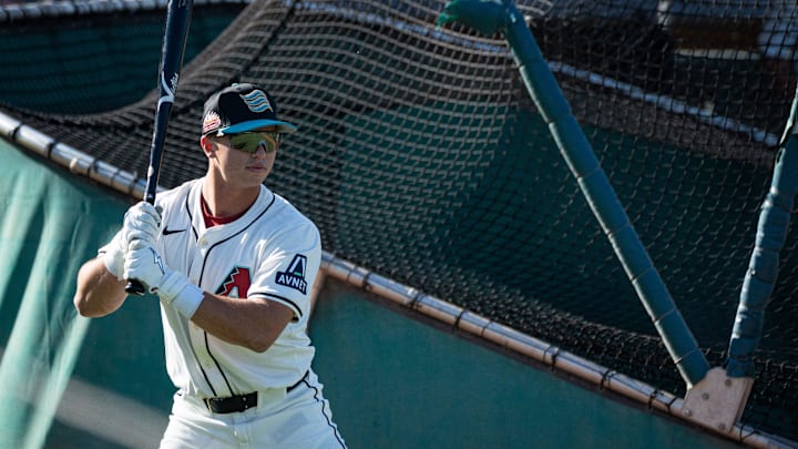 Second baseman, Tommy Troy warms up for batting practice during the Arizona Fall League media day at Scottsdale Stadium on Oct. 4, 2024, in Scottsdale, Arizona.