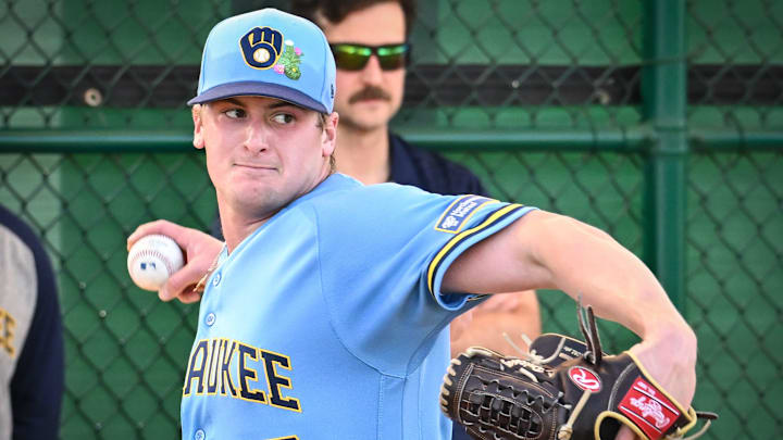 Milwaukee Brewers pitcher Quinn Priester (46) throws in the bullpen during spring training workouts Sunday, February 15, 2026, at American Family Fields of Phoenix in Phoenix, Arizona.