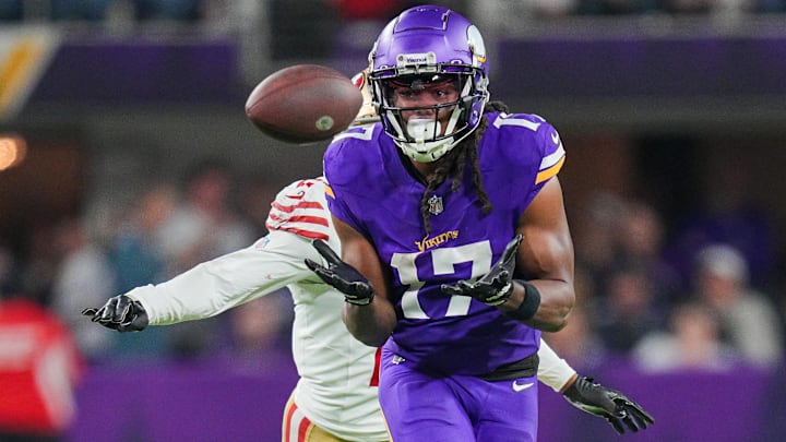 Oct 23, 2023; Minneapolis, Minnesota, USA; Minnesota Vikings wide receiver K.J. Osborn (17) catches
