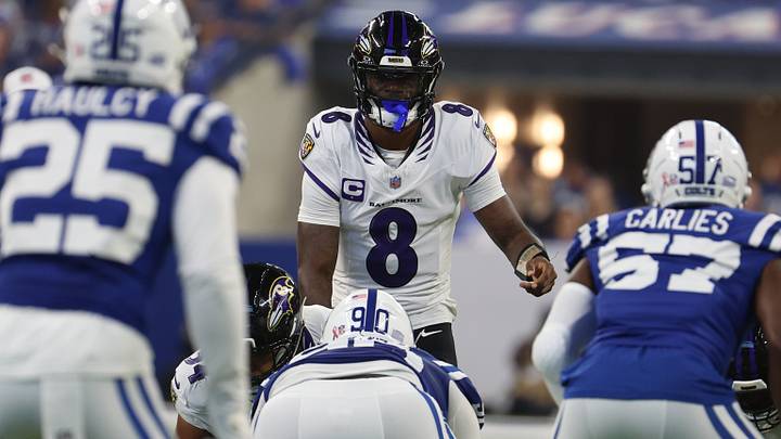 Sep 13, 2026; Indianapolis, Indiana, USA; Baltimore Ravens quarterback Lamar Jackson (8) sets the play against the Indianapolis Colts at Lucas Oil Stadium. Mandatory Credit: Trevor Ruszkowski-Imagn Images Sep 13, 2026; Indianapolis, Indiana, USA; Baltimore Ravens quarterback Lamar Jackson (8) sets the play against the Indianapolis Colts at Lucas Oil Stadium. Mandatory Credit: Trevor Ruszkowski-Imagn Images