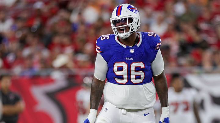 Aug 23, 2025; Tampa, Florida, USA; Buffalo Bills defensive tackle Deone Walker (96) reacts after a play against the Tampa Bay Buccaneers