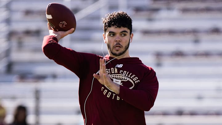 Nov 1, 2025; Chestnut Hill, Massachusetts, USA; Boston College Eagles quarterback Dylan Lonergan warms up before the game against Notre Dame Fighting Irish at Alumni Stadium. Mandatory Credit: Edward Finan-Imagn Images