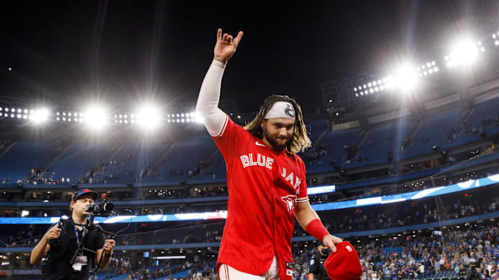 Bo Bichette walking off the field, after hitting a go ahead 2 run home run in the bottom of the 8th inning against the Tampa Bay Rays - Rogers Centre Bo Bichette walking off the field, after hitting a go ahead 2 run home run in the bottom of the 8th inning against the Tampa Bay Rays - Rogers Centre