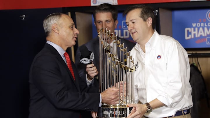 Nov 2, 2016; Cleveland, OH, USA; MLB commissioner Rob Manfred presents Chicago Cubs owner Tom
