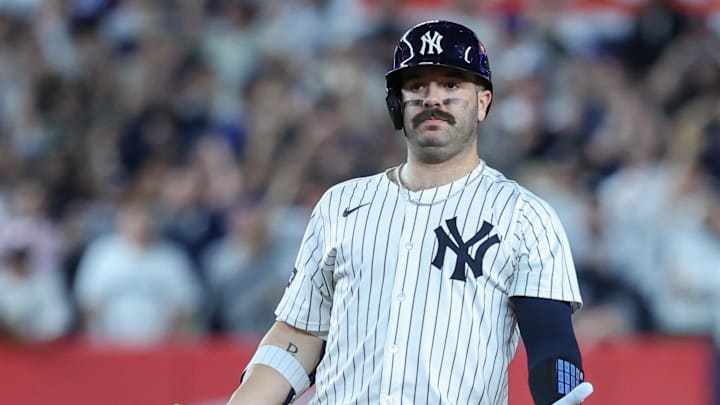 Oct 7, 2025; Bronx, New York, USA; New York Yankees catcher Austin Wells (28) reacts on second base after hitting an RBI single in the fifth inning against the Toronto Blue Jays during game three of the ALDS round for the 2025 MLB playoffs at Yankee Stadium. Mandatory Credit: Wendell Cruz-Imagn Images