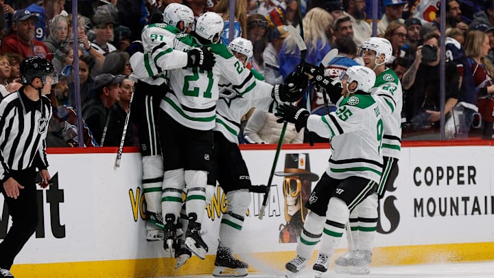 Apr 23, 2025; Denver, Colorado, USA; Dallas Stars center Tyler Seguin (91) celebrates his game winning goal with defenseman Thomas Harley (55) and left wing Mason Marchment (27) and defenseman Esa Lindell (23) and center Matt Duchene (95) in overtime against the Colorado Avalanche in game three of the first round of the 2025 Stanley Cup Playoffs at Ball Arena. Mandatory Credit: Isaiah J. Downing-Imagn Images