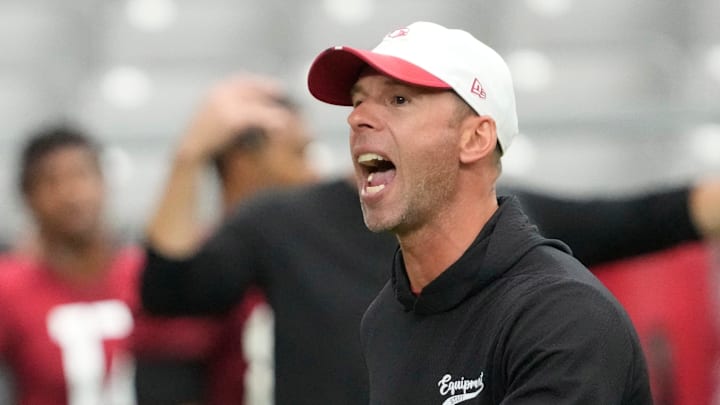 Arizona Cardinals head coach Jonathan Gannon yells instructions during training camp July 27, 2025. Arizona Cardinals head coach Jonathan Gannon yells instructions during training camp July 27, 2025.
